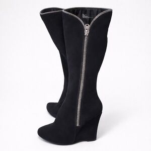 MIA Black Suede Knee High Boots Wedge Heel Full Zip Women’s Size 7